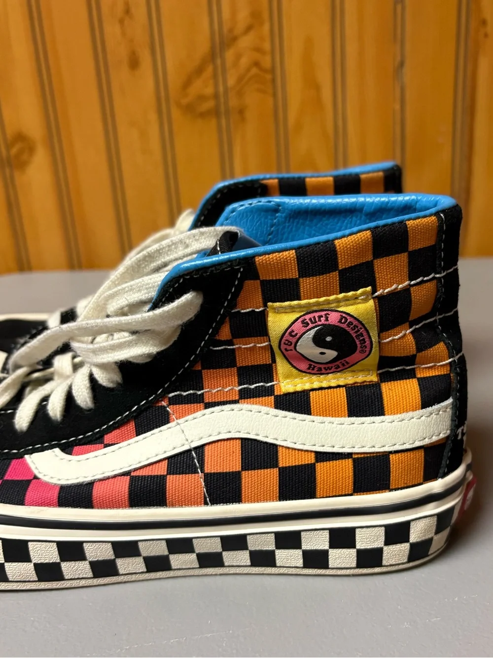 Vans Checkerboard High-Top Sneakers — Black, Orange, Pink, White
